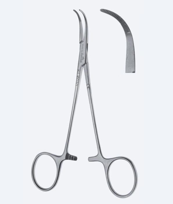 Зажими дисекційні та лігатурні, "Baby-Mixter", вигнуті, зубчасті щелепи, з кремальєрою, загальна довжина 140 мм. Бренд - Asanus Medizintechnik Gmb, Німеччина